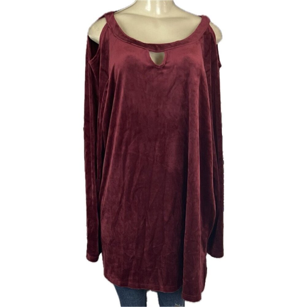 Woman Within +26/28 Maroon Velour KeyHole Neck Cold Shoulder Long Sleeve Top - Picture 2 of 6